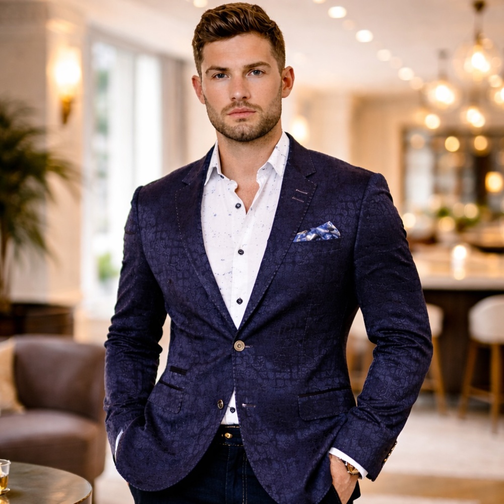MACEOO Socrate Cabriole Black Blue Jacquard Blazer sz 48/7 EU (fits like US 38R)